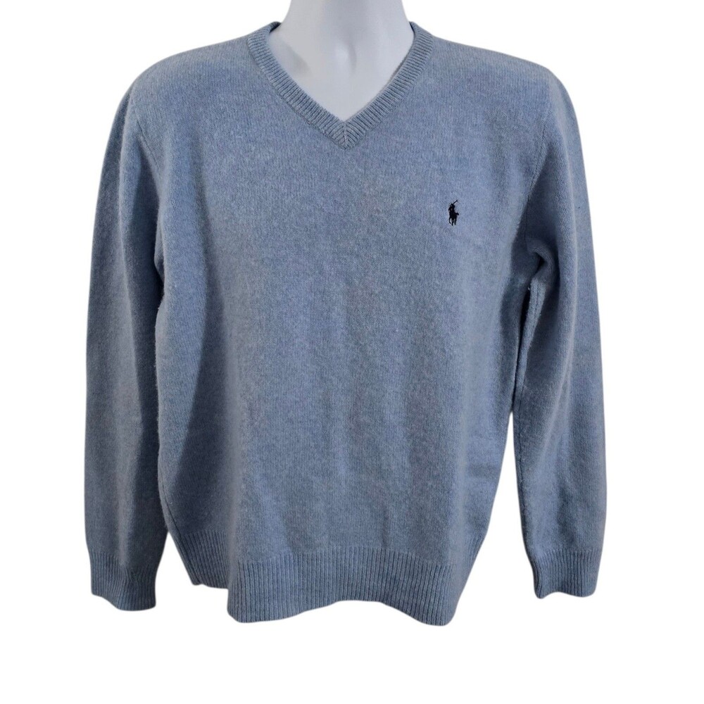 Polo Ralph Lauren Lambs Wool Sweater Mens Size Medium Light Blue V Neck
